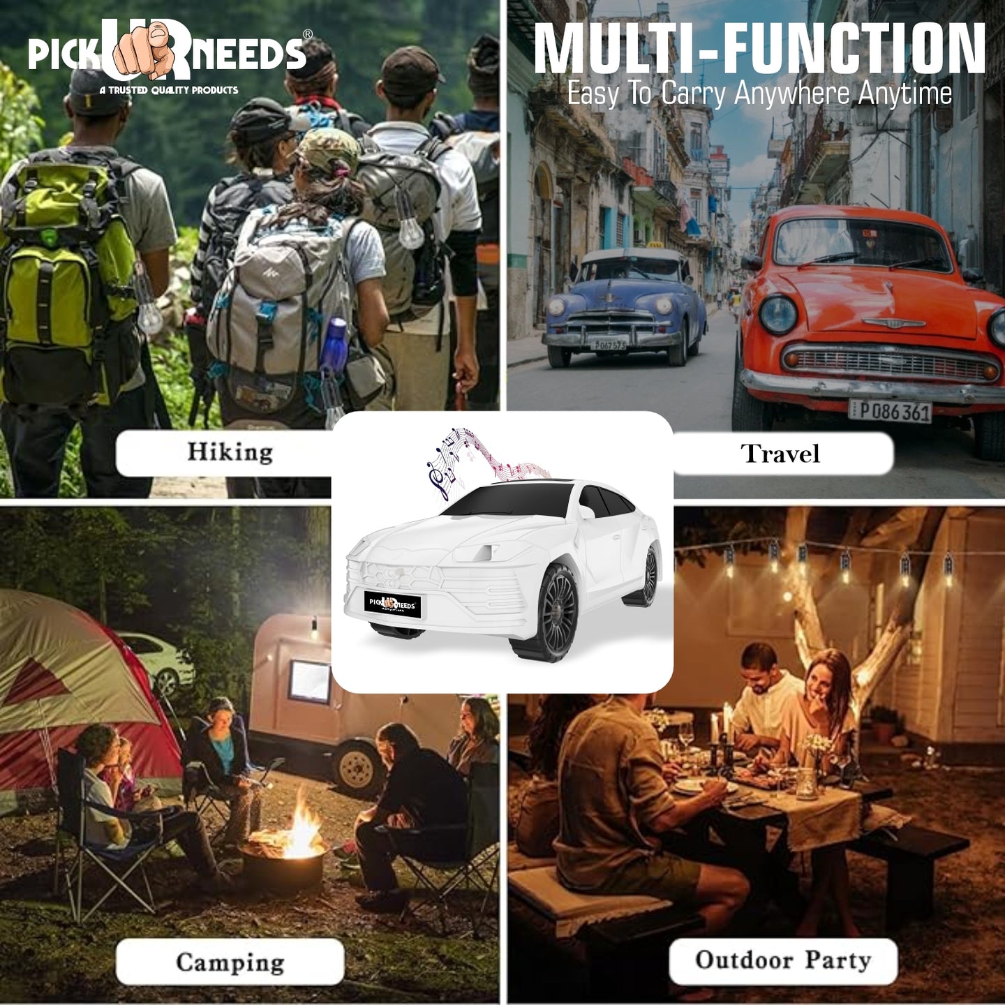 Pick Ur Needs Rechargeable Car-Shaped Speaker – RGB LED Light, USB/FM/SD Card, Type-C, 1200mAh